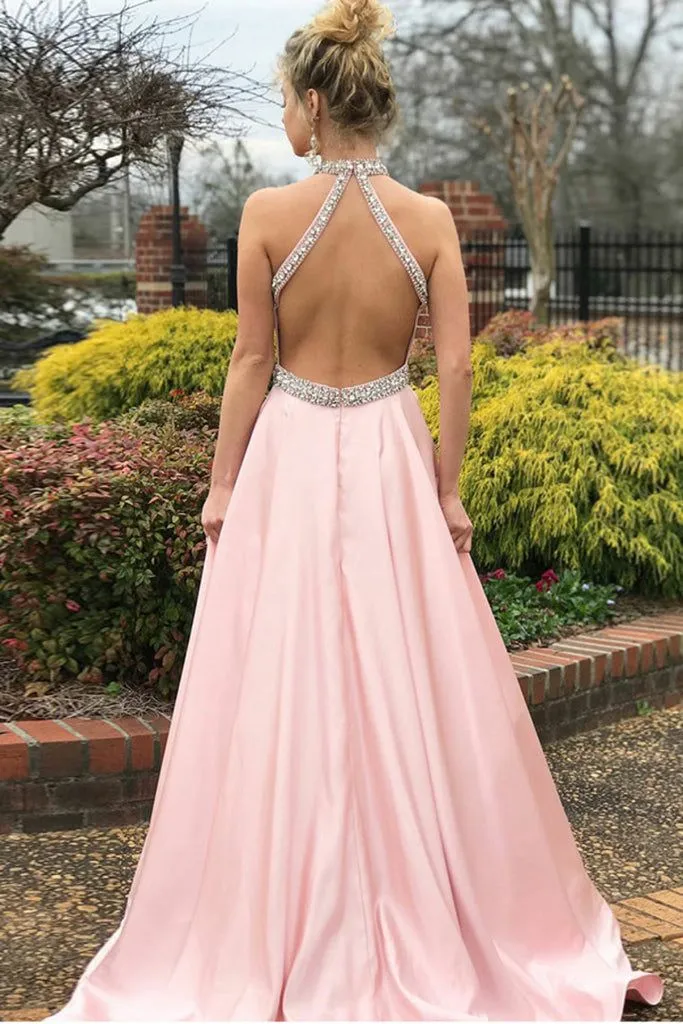 A-Line Pink Satin Open Back Sleeveless Prom Dress with Beading,DP0198