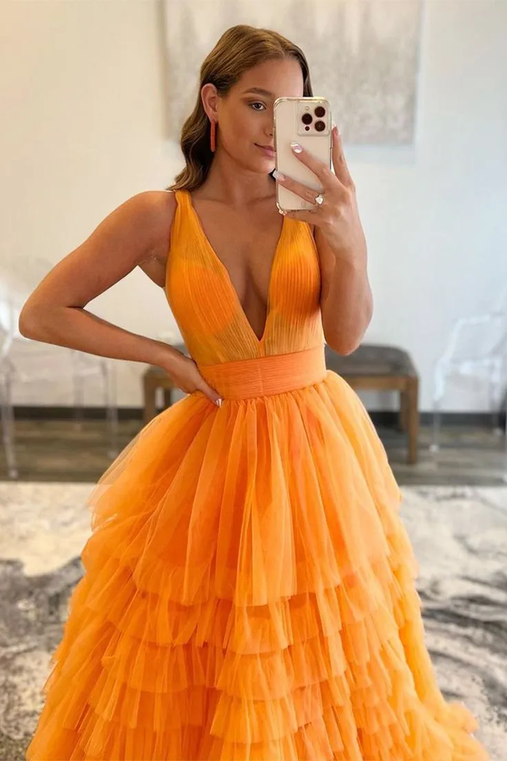 A-line Sexy Orange Tiered Backless Prom Dress,DP0138