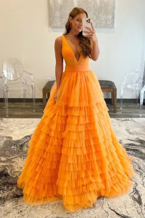 A-line Sexy Orange Tiered Backless Prom Dress,DP0138