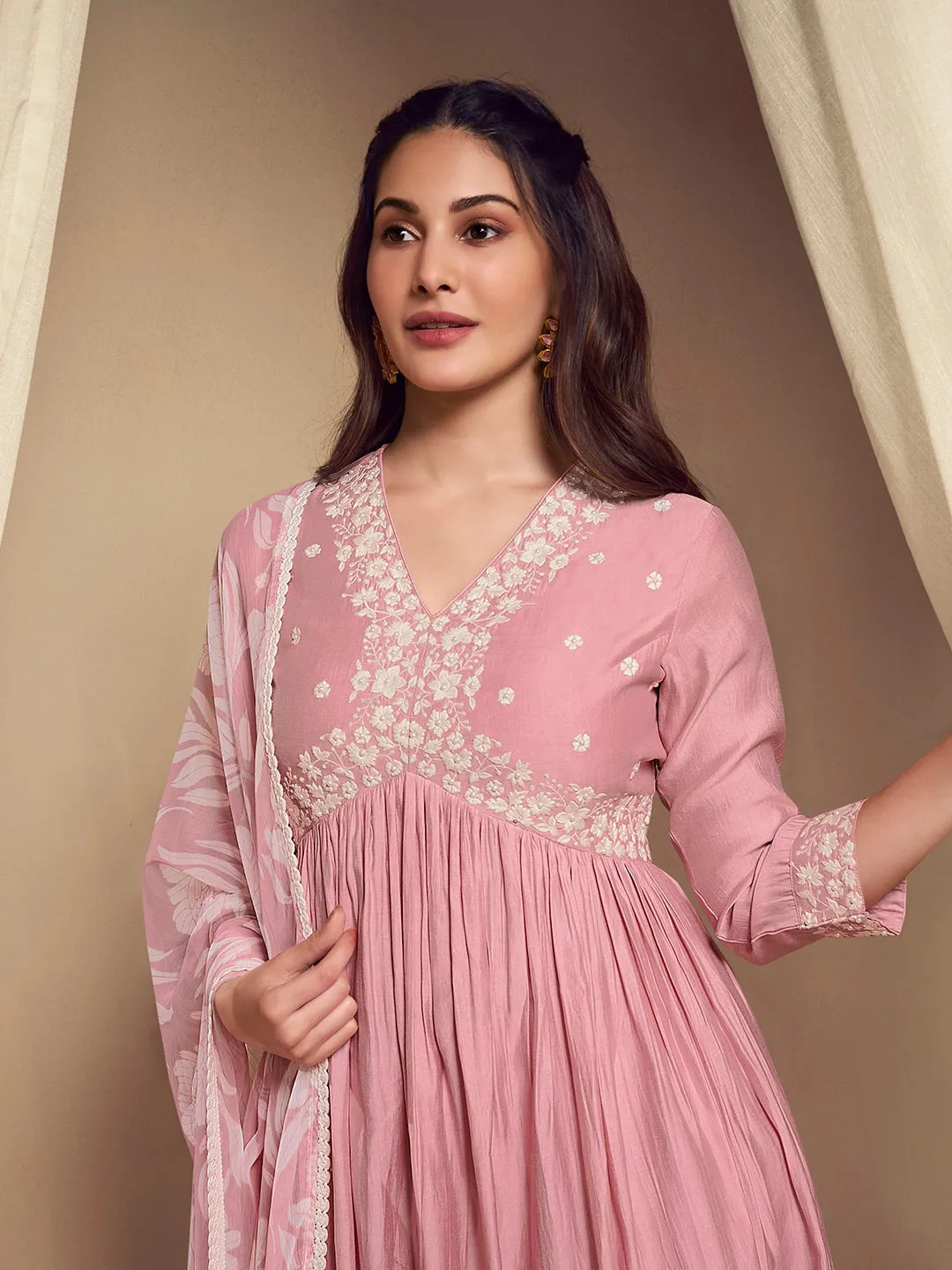 Amyra Dastur Pink V-Neck Floral Pleated Thread Work Pure Silk A-Line Kurta with Trousers & Dupatta