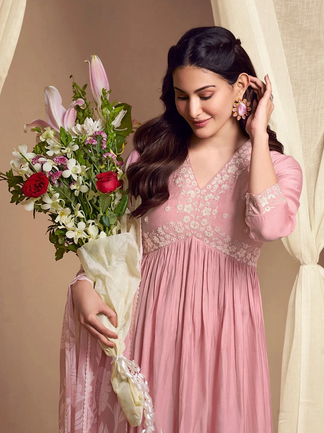 Amyra Dastur Pink V-Neck Floral Pleated Thread Work Pure Silk A-Line Kurta with Trousers & Dupatta