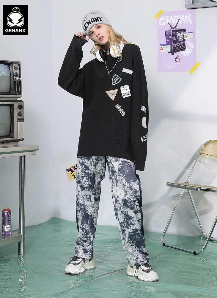 Asymmetric Label Geometric Patchwork Crew Neck Sweater