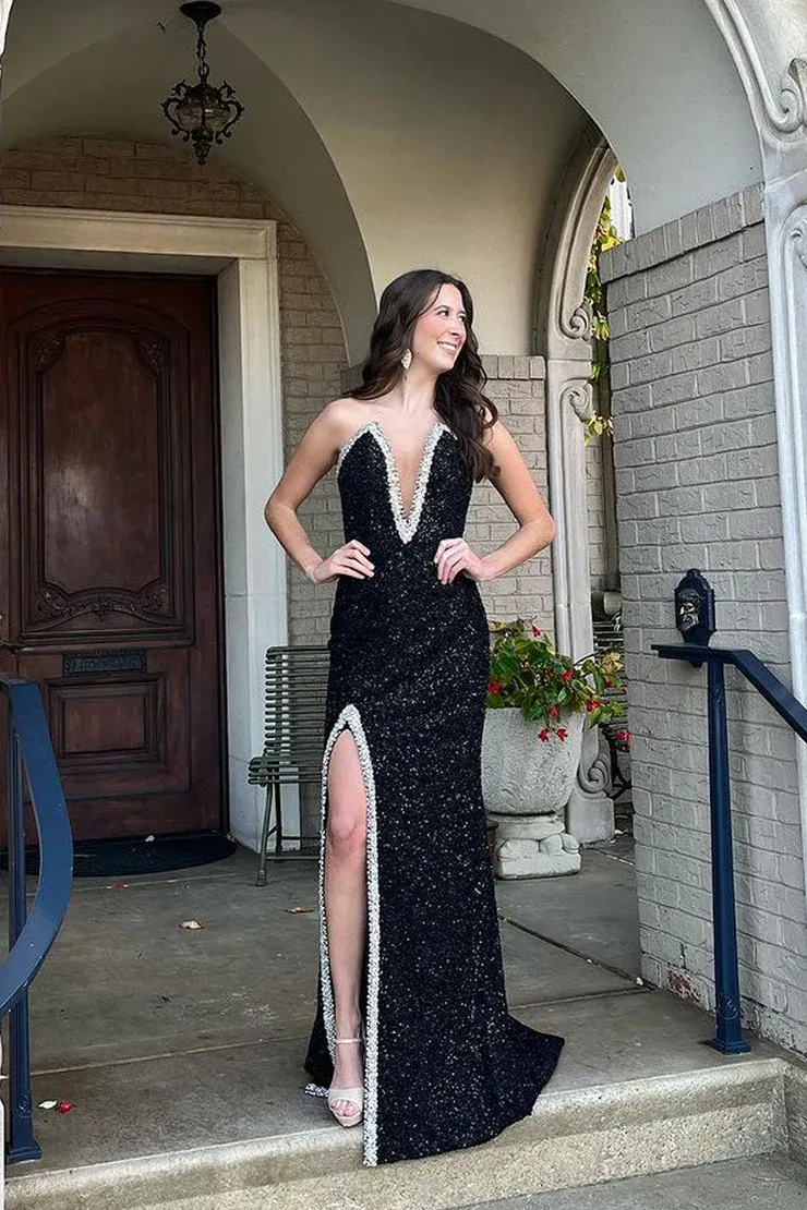 Black Deep V Neck Sequins Mermaid Long Prom Dress with Beading,DP1386