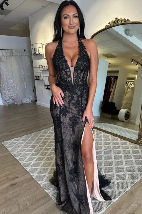 Black Halter Lace Appliques Mermaid Long Prom Dress with Slit,DP1224