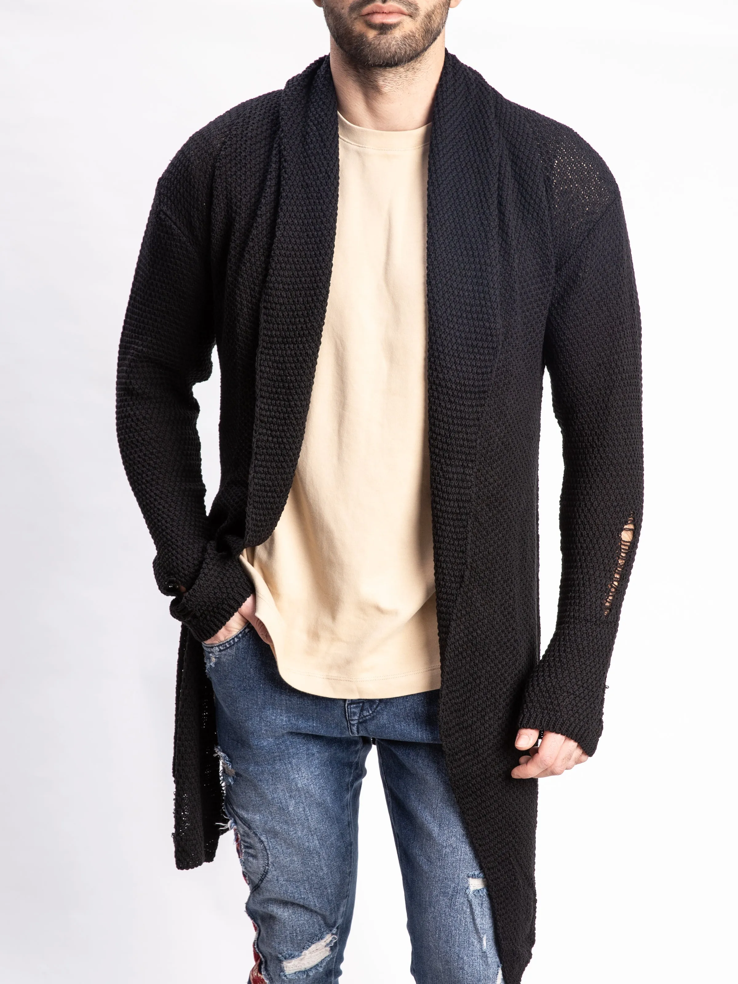 BLACK LONG DISTRESSED CARDIGAN