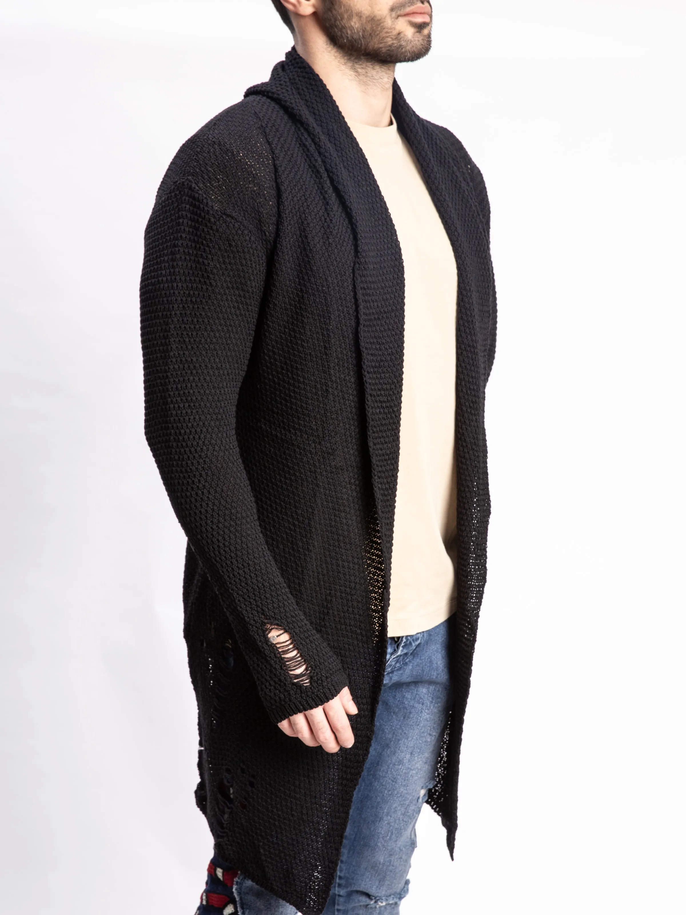 BLACK LONG DISTRESSED CARDIGAN