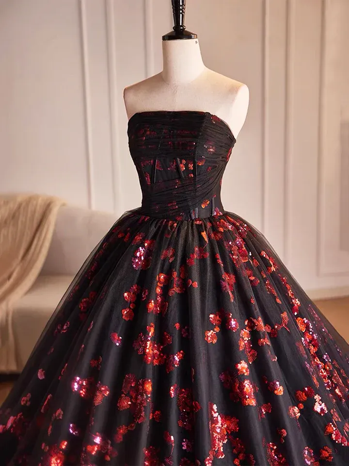 Black Tulle and Red Sequins A-Line Strapless Formal Party Dress Evening Gown, DP2479