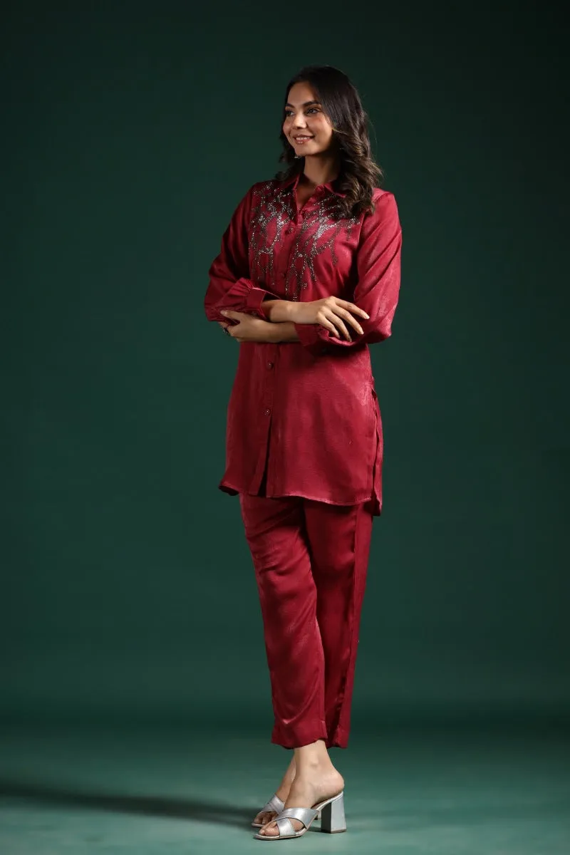 Cardinal Red Embellished Kashmiri Silk Co-Ord Set