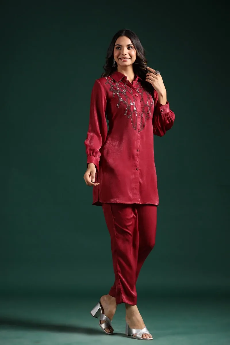 Cardinal Red Embellished Kashmiri Silk Co-Ord Set