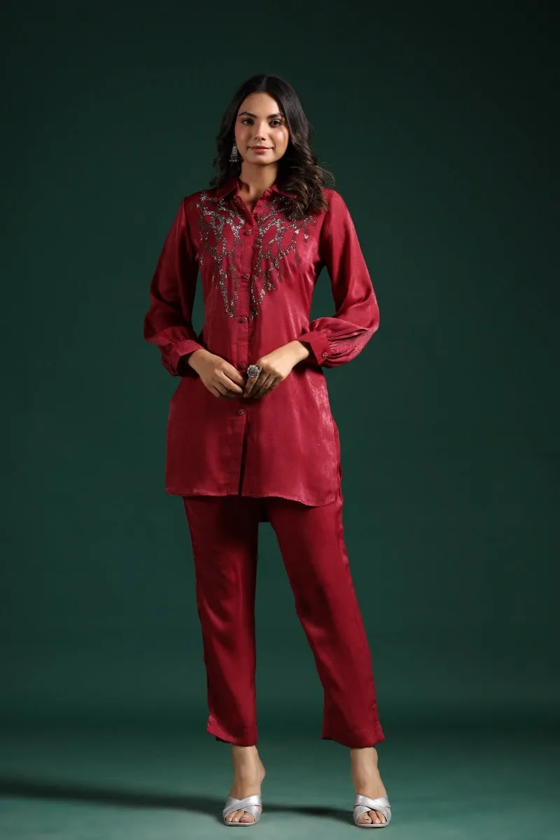 Cardinal Red Embellished Kashmiri Silk Co-Ord Set