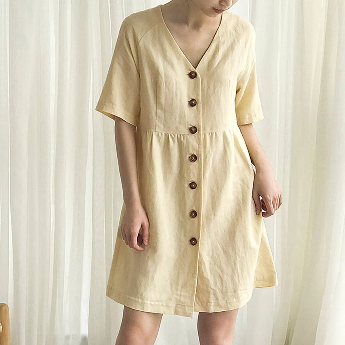 COTTON WAIST SLIMMING HEMP FRENCH DRESS_CWDSD4069