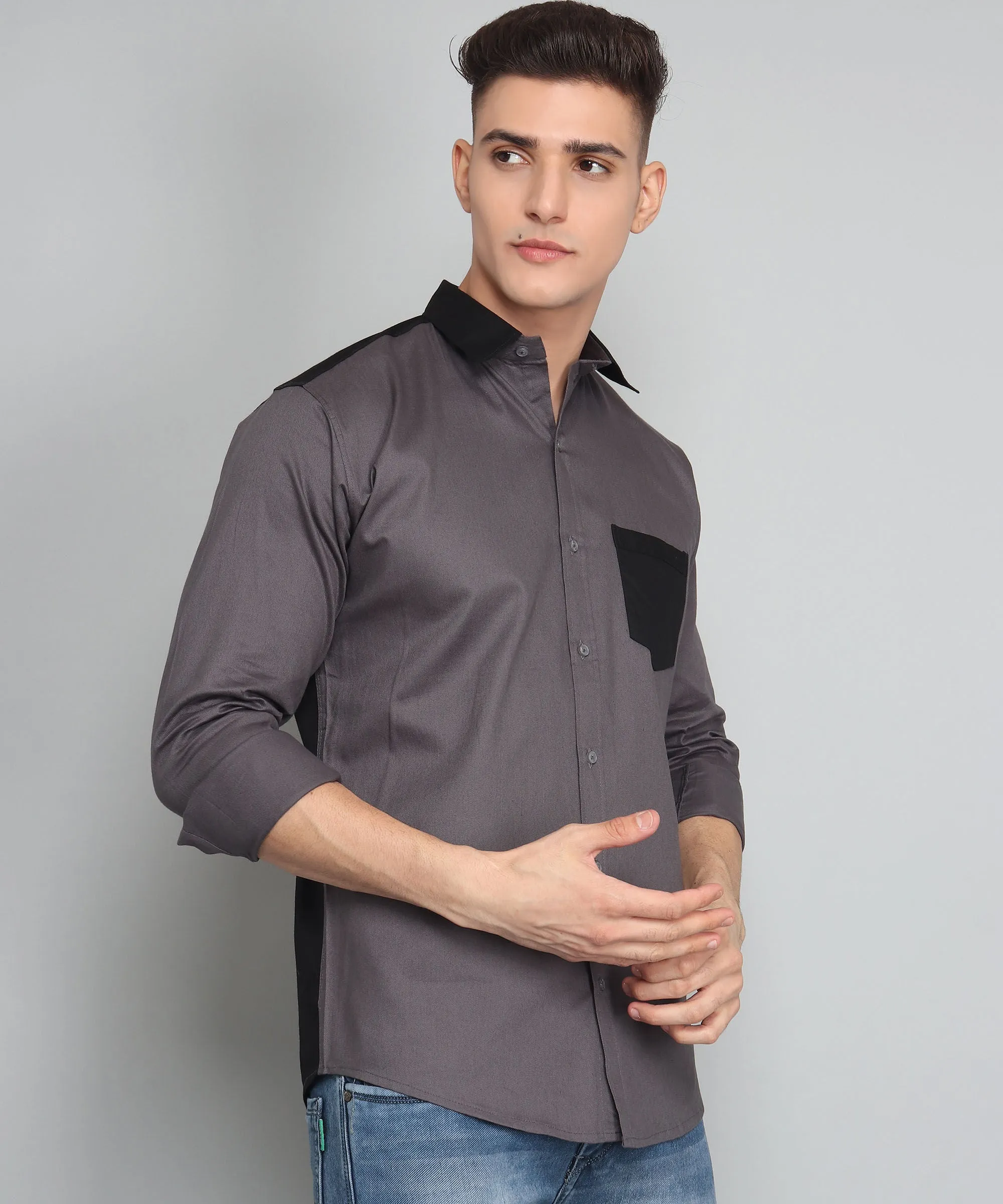 Creek Premium Grey Solid  Cotton Button-Up Shirt For Men