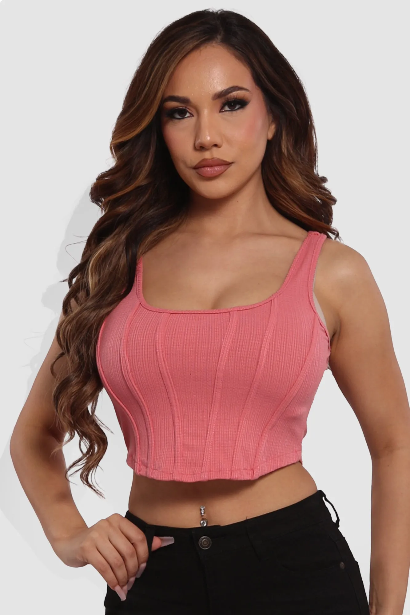 Cropped Corset Seam Tank Tops - Rose