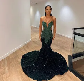 Dark Green Crystal Beading Sequin Prom Dresses 2024 Luxury Gowns Mermaid Dress For Party Wedding Evening Backless Formal Gowns