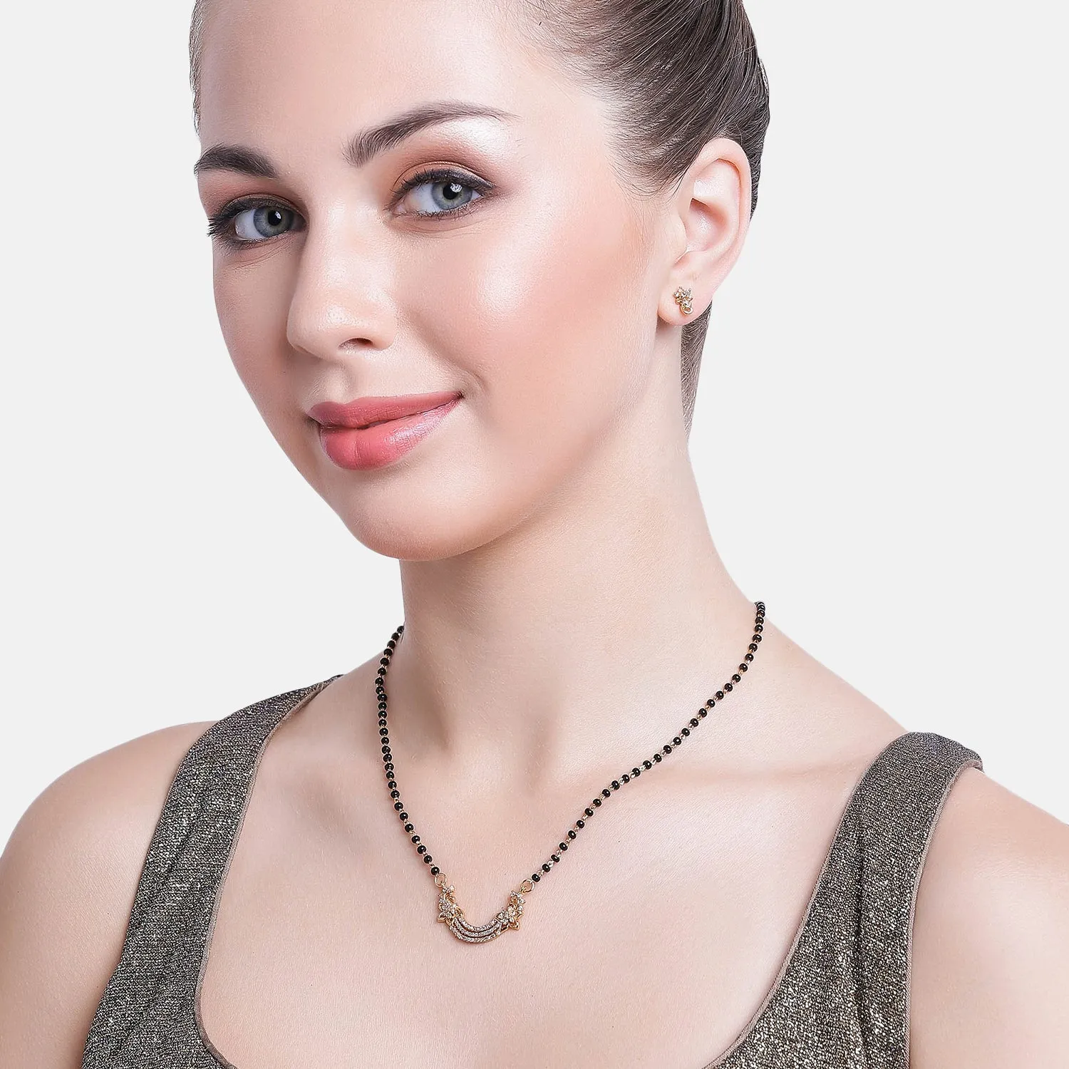 Estele Gold Plated CZ Floret Wave Shaped Mangalsutra Necklace Set for Women