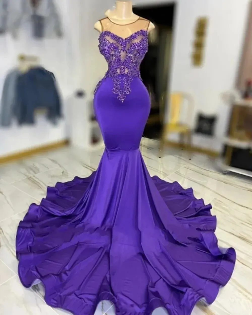 Exquisite Purple O Neck Long Prom Dress 2024 Beaded Birthday Party Dresses Mermaid Evening Gowns Appliques Vestidos De Fiesta