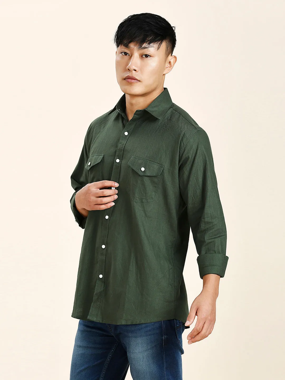 Green Double Pocket Shirt for Men