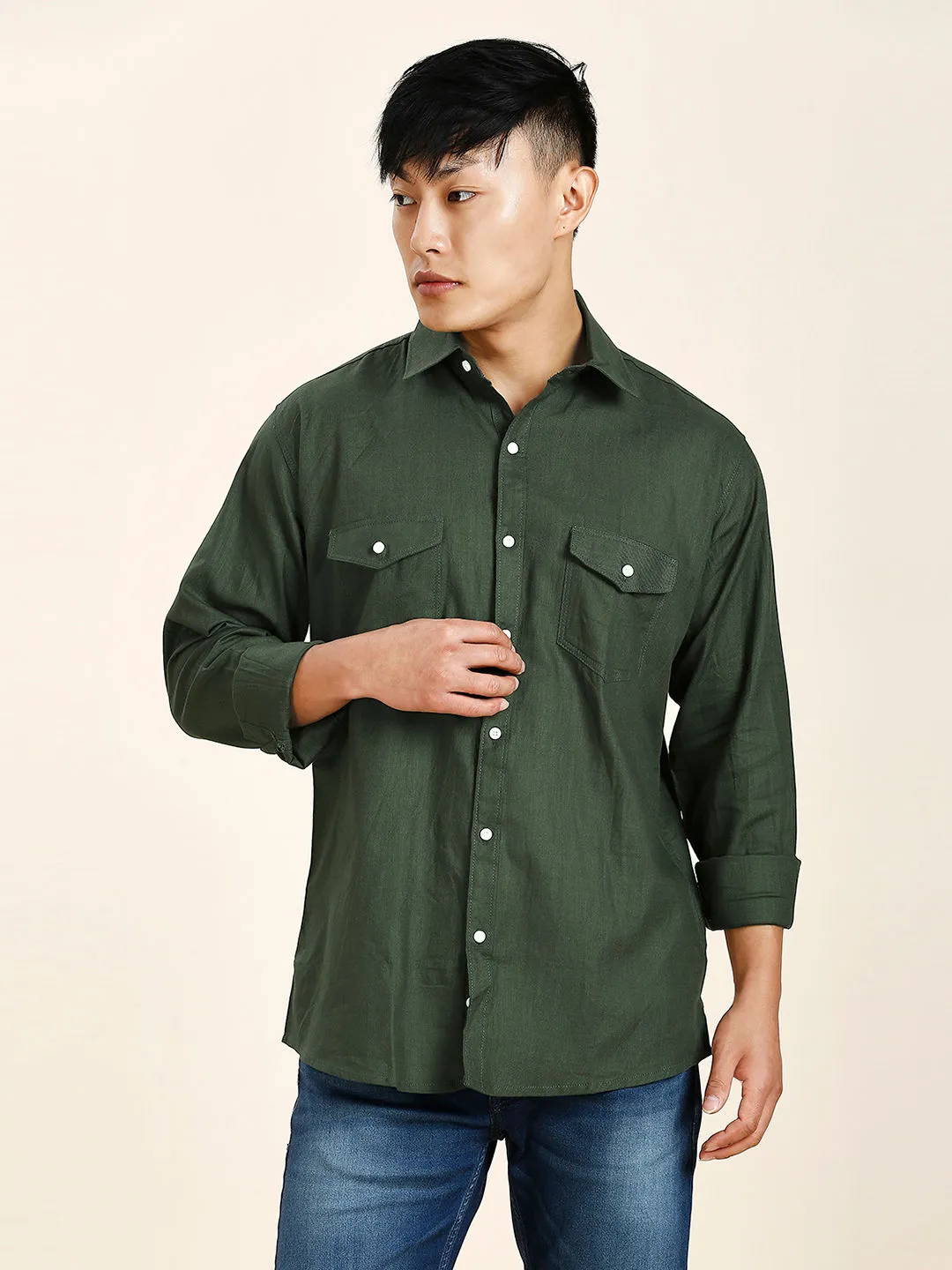 Green Double Pocket Shirt for Men