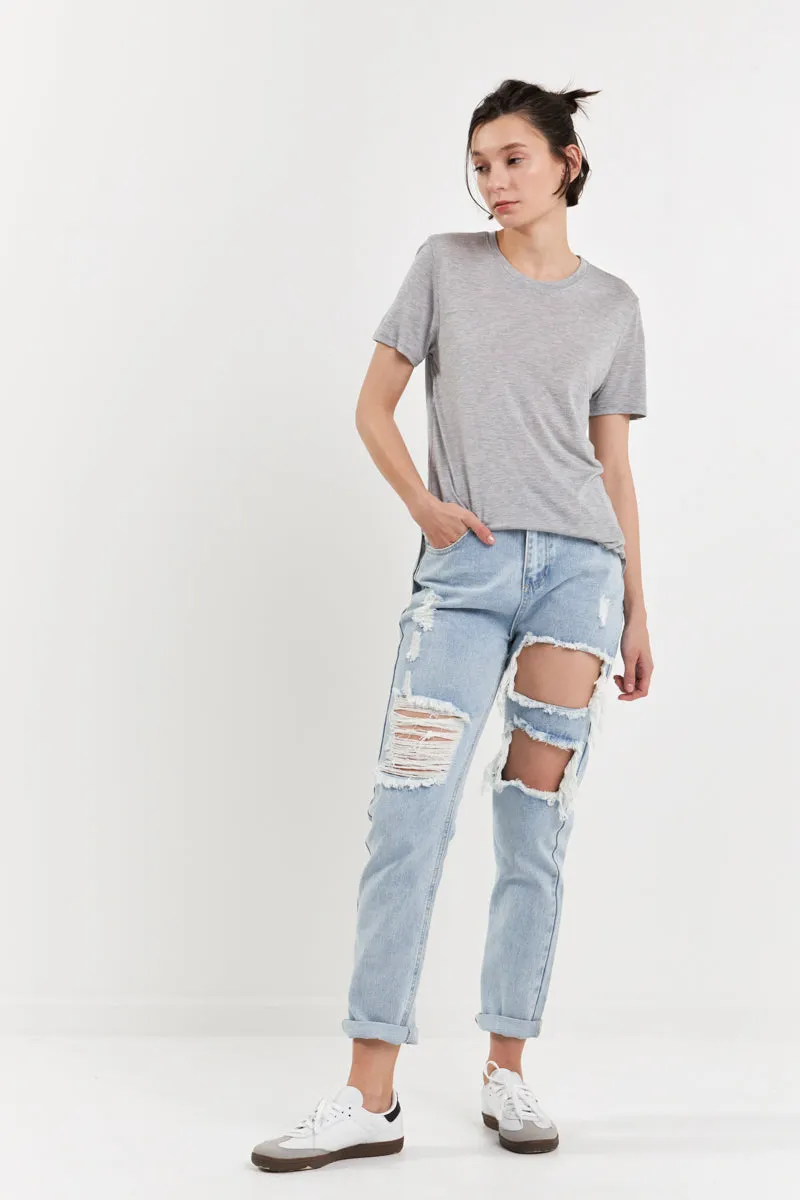 High-Waisted Ripped Straight Leg Jeans