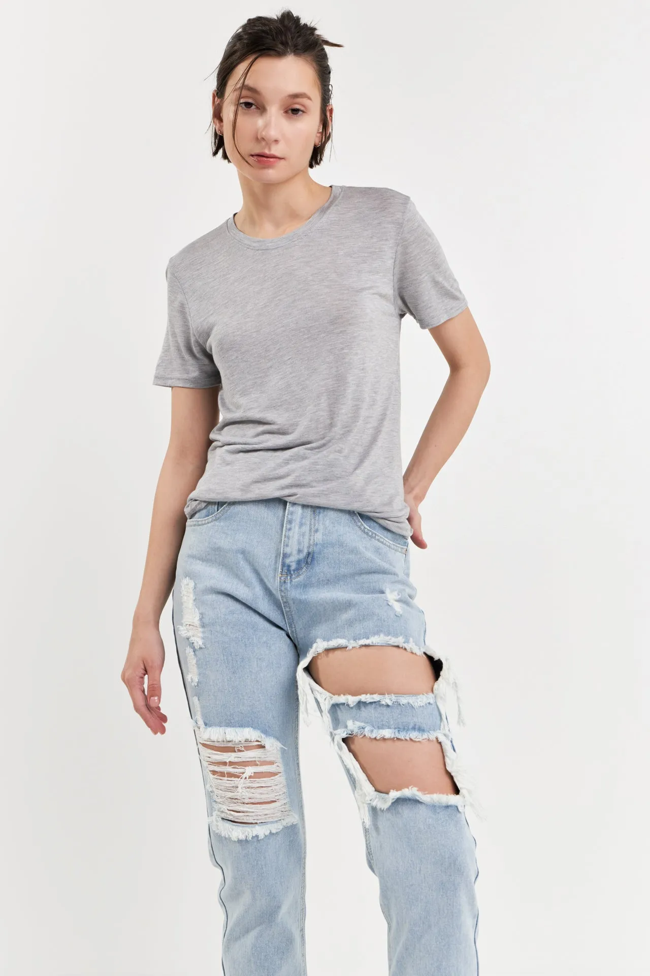 High-Waisted Ripped Straight Leg Jeans