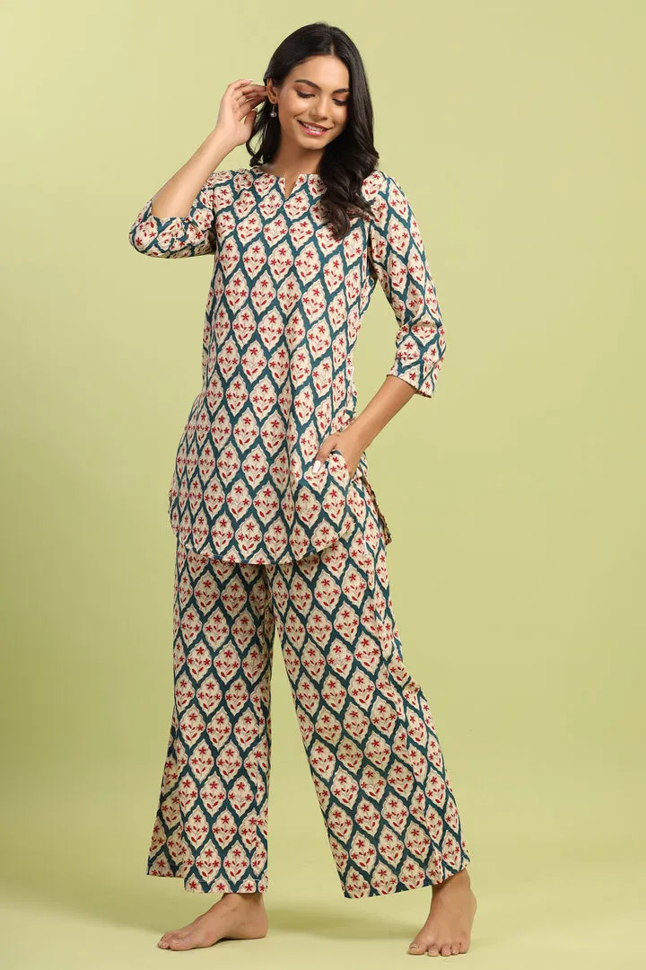 Jharokha on Teal Cotton Top Set