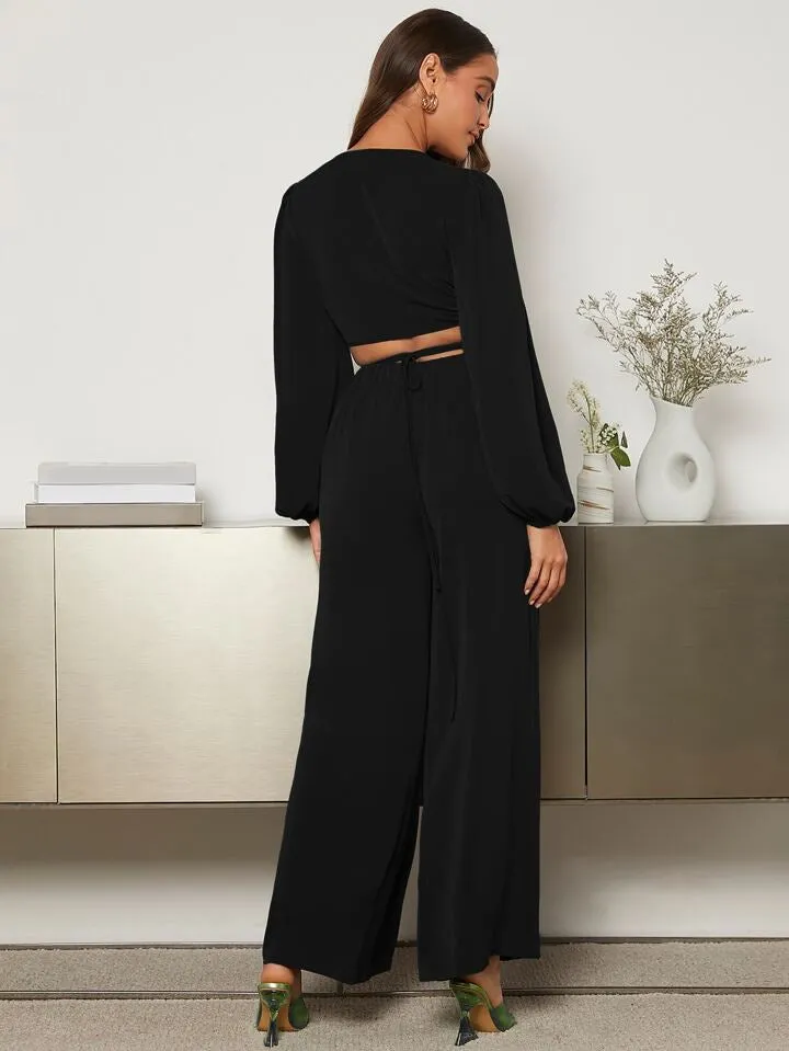 Lantern Sleeve Wrap Knot Back Crop top & Wide Leg trousers in black