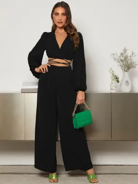 Lantern Sleeve Wrap Knot Back Crop top & Wide Leg trousers in black