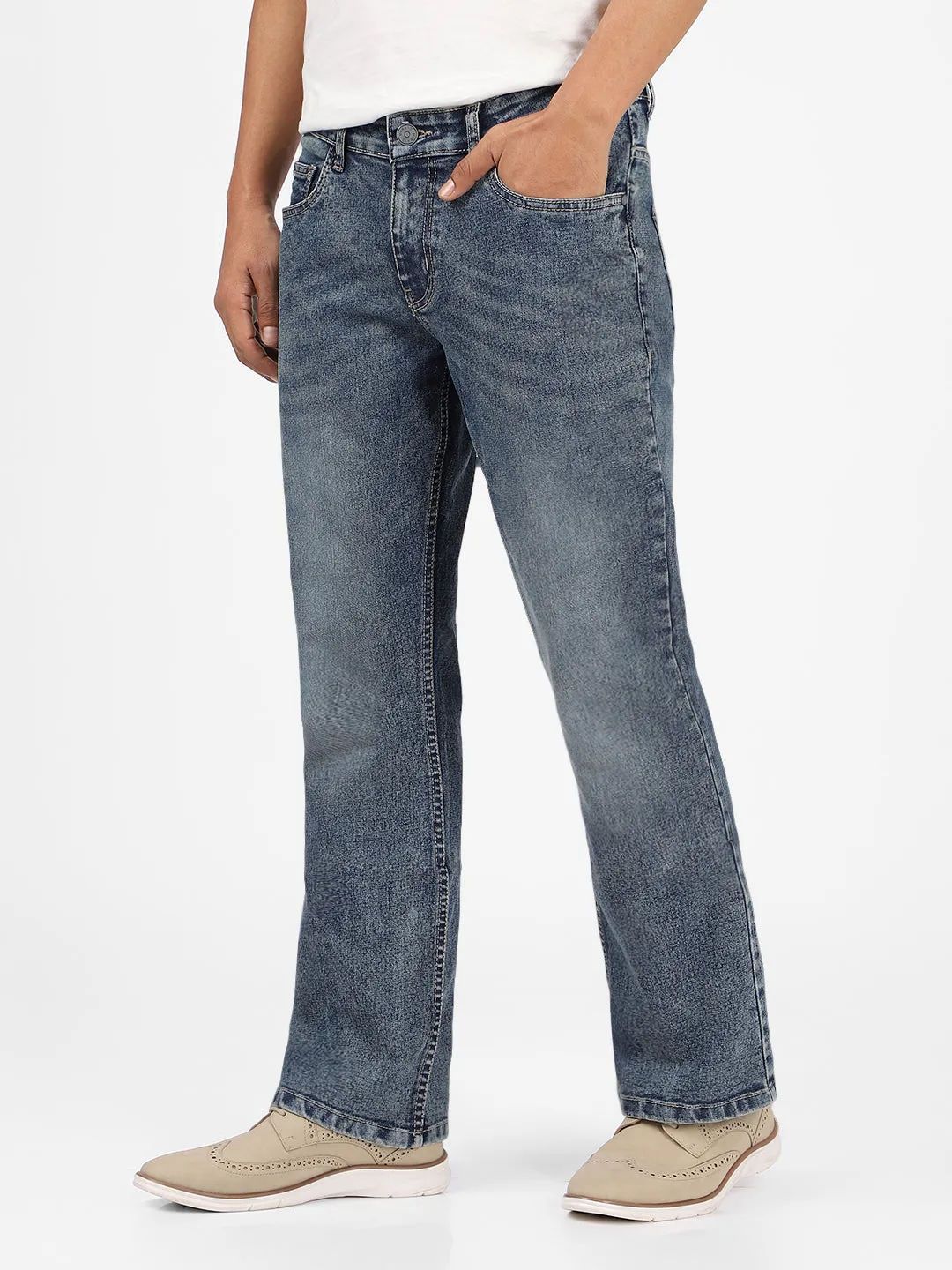 Men's Blue Washed Bootcut Jeans Stretchable