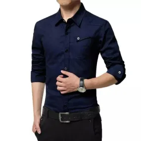 New Urbane Elegant Classy Navy Cotton Button-Up Shirt for Men