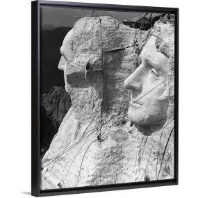 "1930's Mount Rushmore Under Construction Men Working On George Washington" Black Float Frame Canvas Art