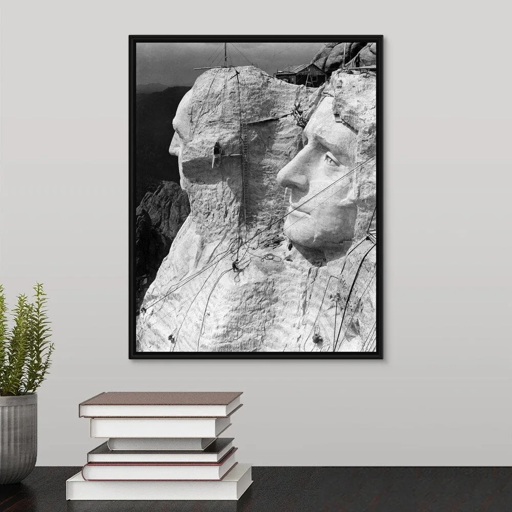 "1930's Mount Rushmore Under Construction Men Working On George Washington" Black Float Frame Canvas Art