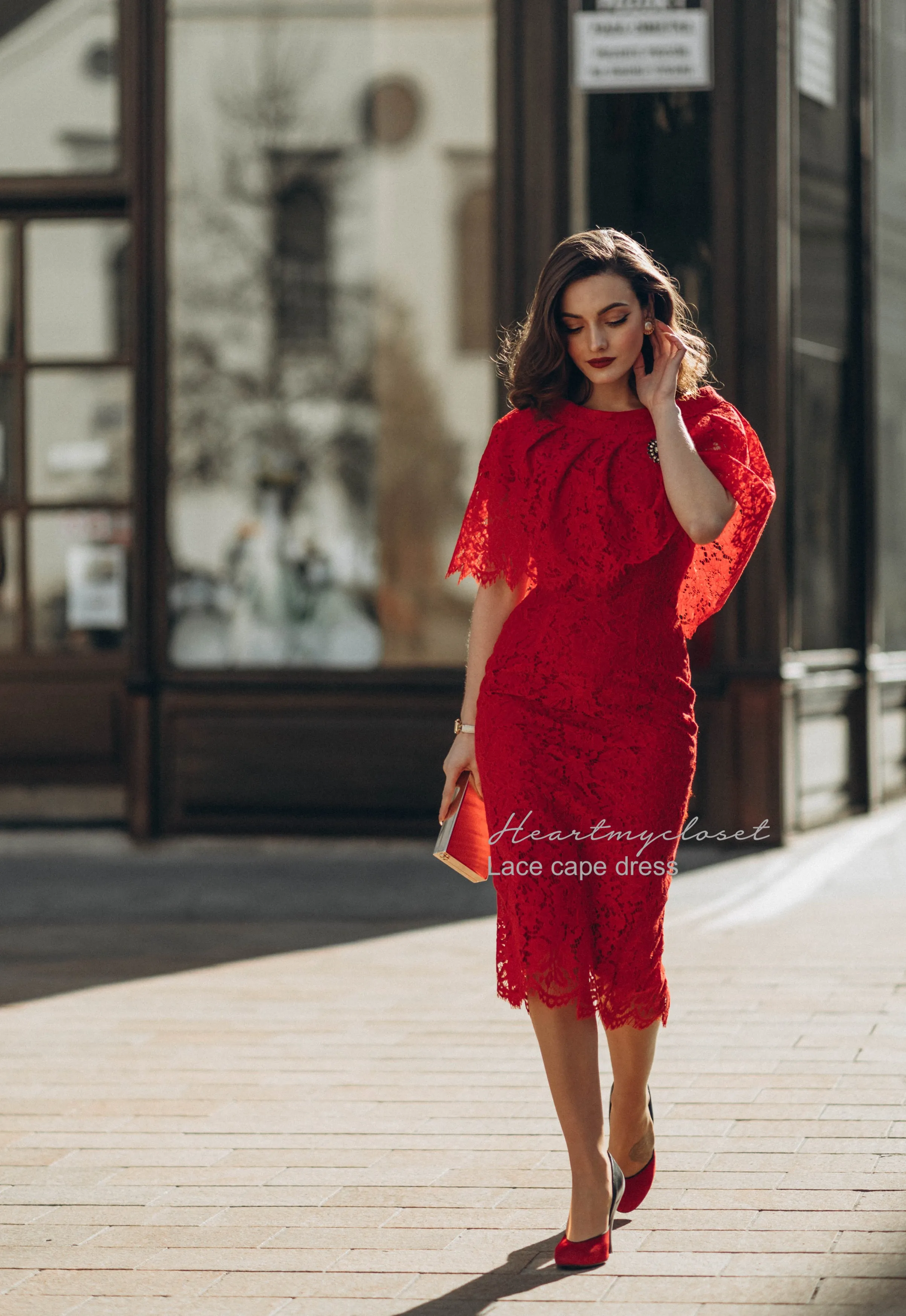 Red Lace Cape   dress - 50s 60s lace pencil dress with matching cape