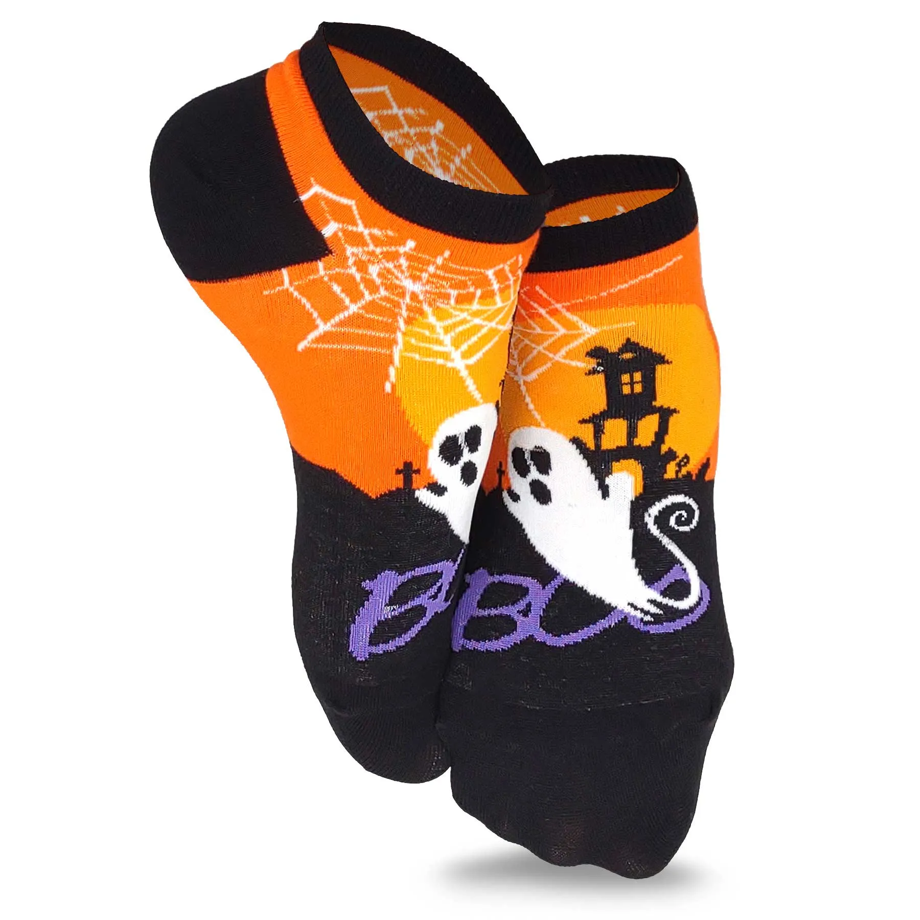 Silly Ghost Boo Hunted House Spider Web Fun Novelty Halloween Cotton Low-Cut Ankle Socks Women 3-Pairs 9-11 Orange (2313)